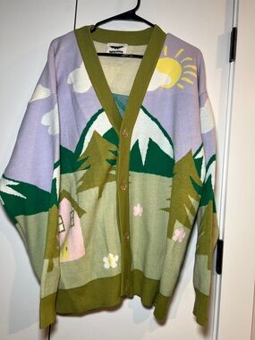 Scenic Mountain Graphic Cardigan Sweater - Olive Green & Lavender